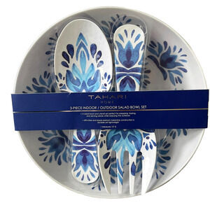 TAHARI 3 pc Floral Melamine Salad Bowl & Utensil Set Blue & White Outdoor NEW
